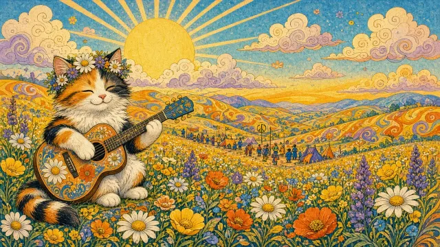 1960s Psychedelic Folk Festival Kitten in Sunny Daisy Meadow