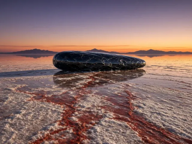 Monolithic Obsidian Slab Over Crimson Mineral Salt Flat
