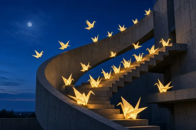 Ascending Brutalist Staircase with Luminous Origami Cranes