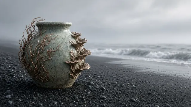 Glazed Ceramic Vessel Sprouting Copper Lichen on Volcanic Sand