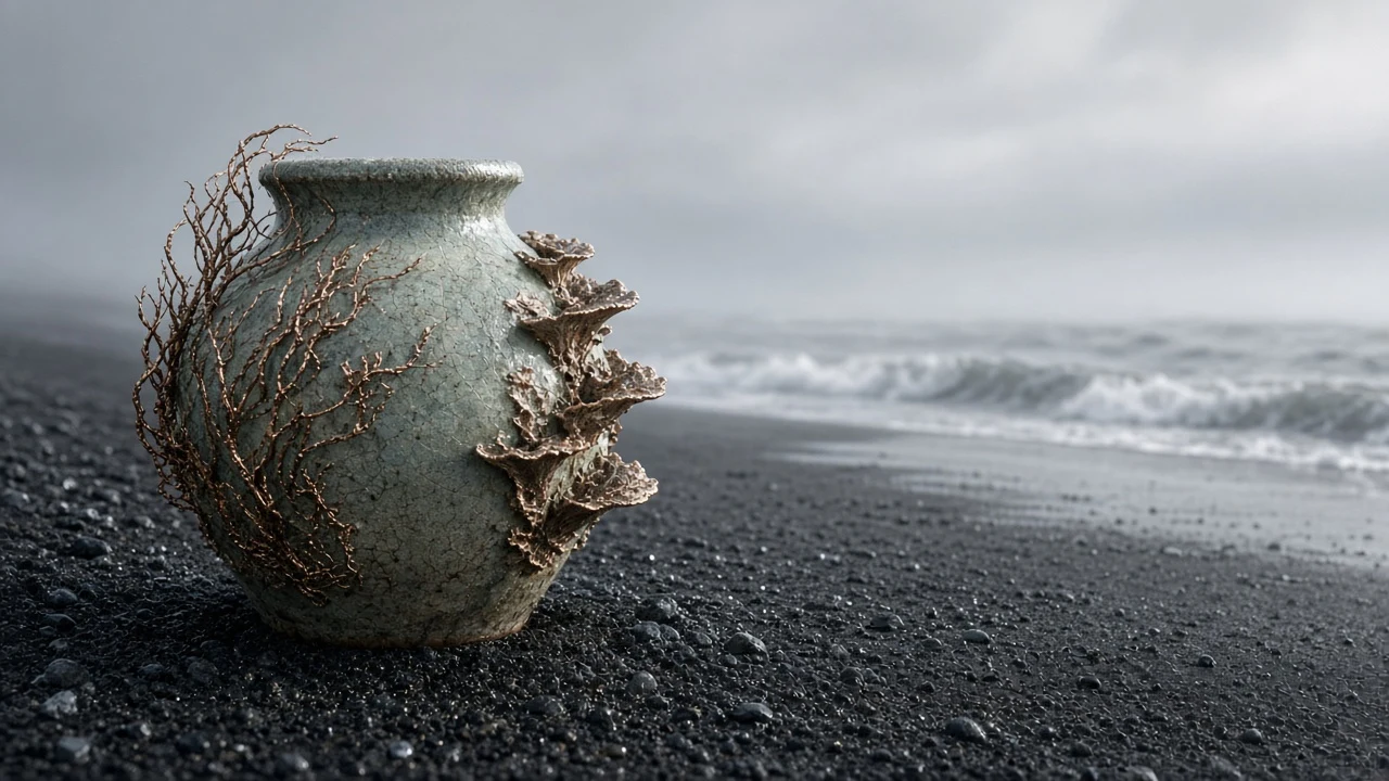 Glazed Ceramic Vessel Sprouting Copper Lichen on Volcanic Sand