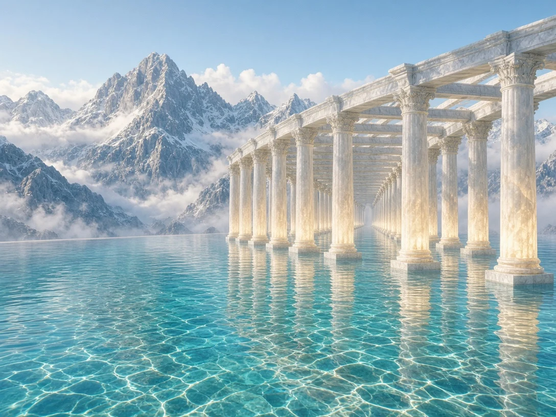 Submerged Translucent Alabaster Colonnade in Alpine Lake