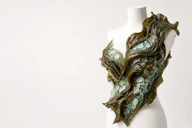Sculptural Kelp and Frosted Sea Glass Couture on Plaster Mannequin