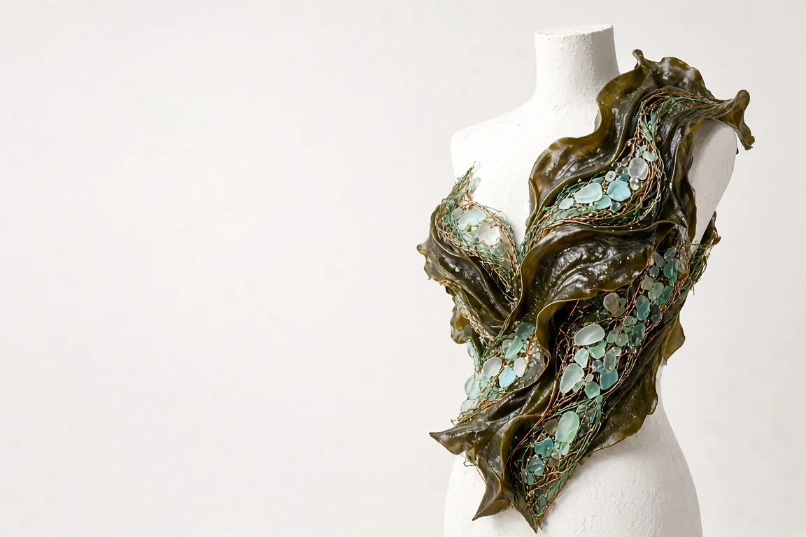 Sculptural Kelp and Frosted Sea Glass Couture on Plaster Mannequin