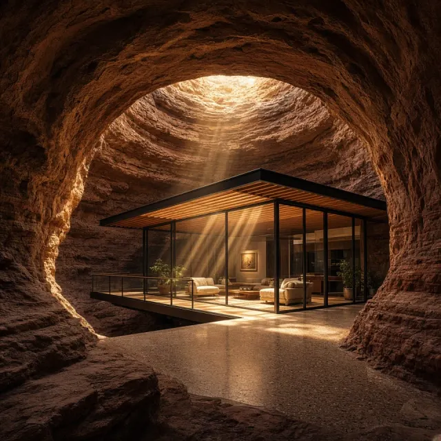 Mid-Century Pavilion Inside an Eroded Sandstone Grotto