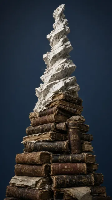 Towering Spiral of Antique Vellum Volumes Carved into Marble
