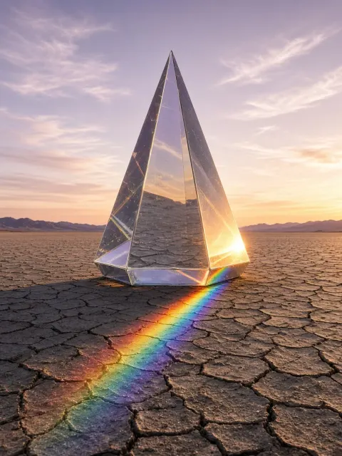 Monolithic Optical Prism Casting Rainbow Spectrum on Playa