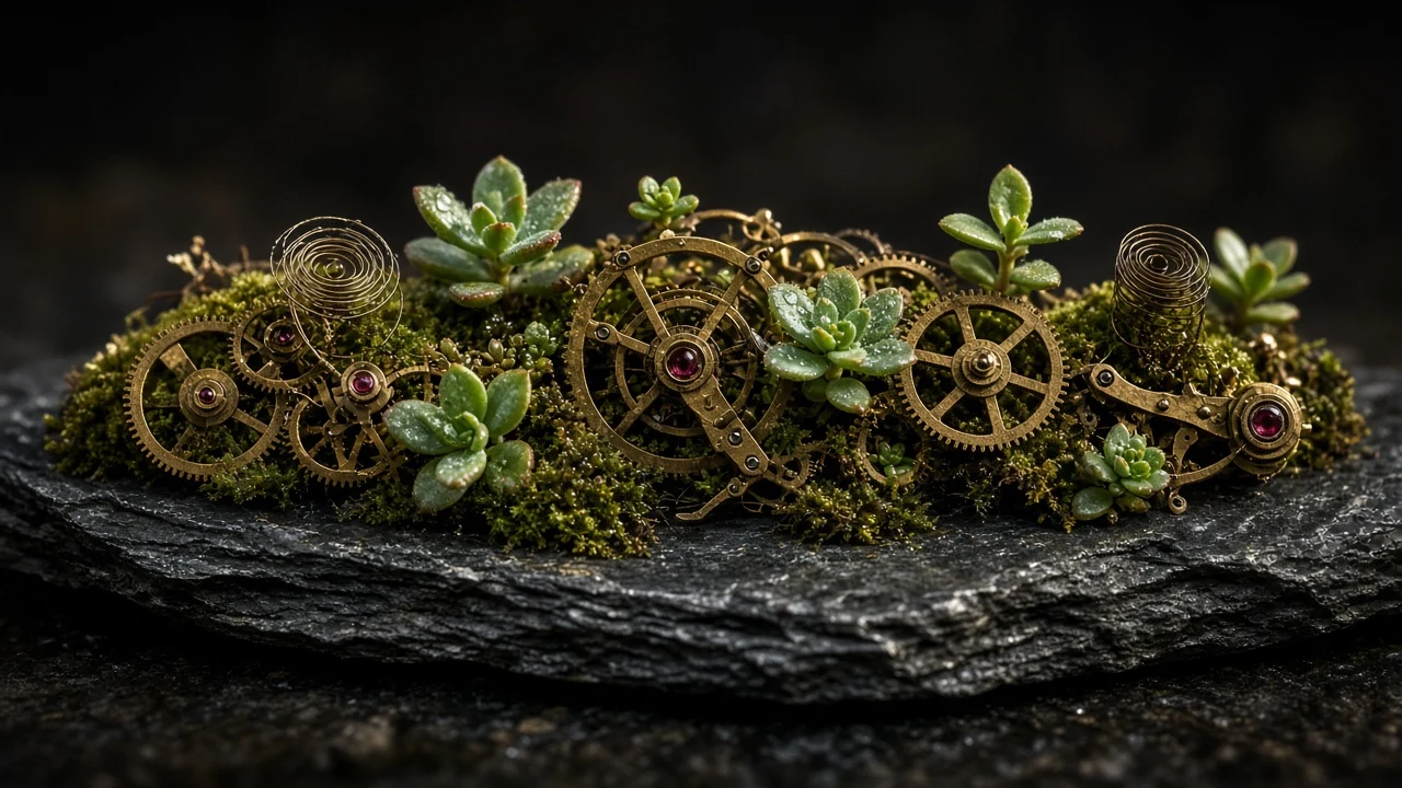 Horological Brass Gears Intertwined with Dewy Jade Succulents