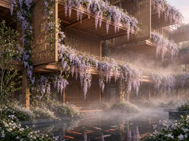 Terraced Cedar Balconies Overhung with Wisteria at Dawn
