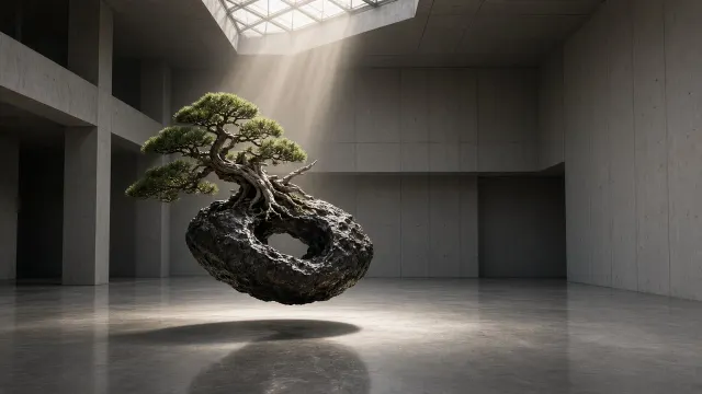 Suspended Meteorite Bonsai in Concrete Gallery Atrium