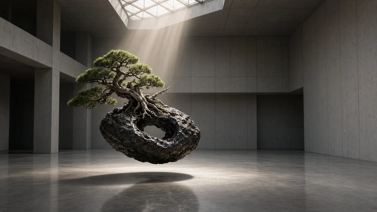 Suspended Meteorite Bonsai in Concrete Gallery Atrium