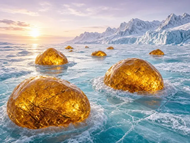 Massive Polished Amber Boulders Across Arctic Ice Floes