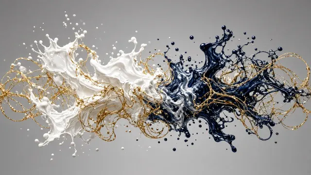 High-Speed Dynamic Collision of Milk, Indigo Ink, and Gold Filigree