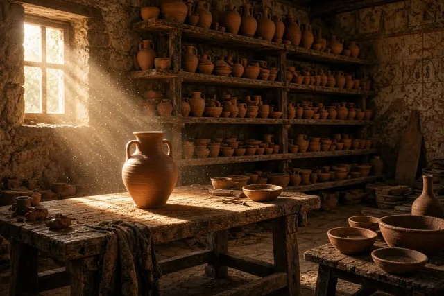 Artisanal Terracotta Pottery Workshop Bathed in Golden Light