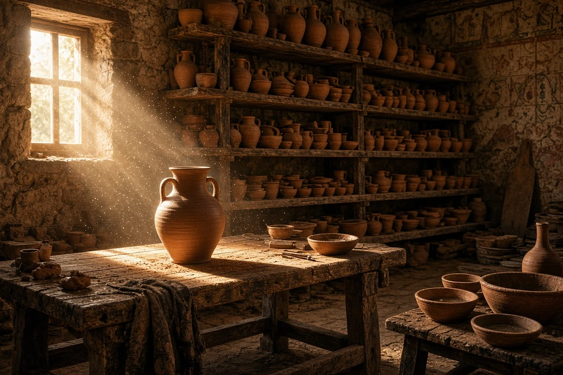 Artisanal Terracotta Pottery Workshop Bathed in Golden Light