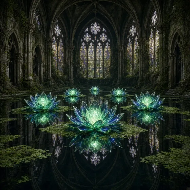 Bioluminescent Glass Water Lilies in Sunken Gothic Conservatory