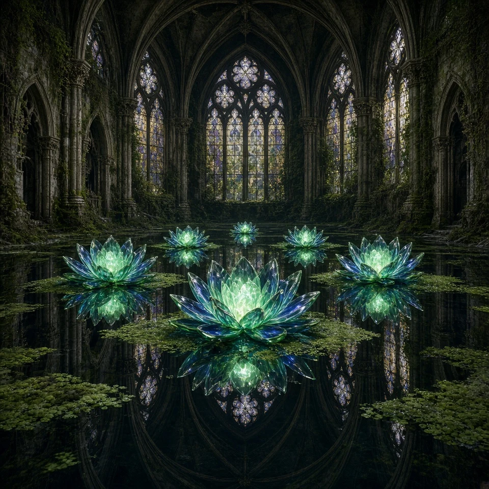 Bioluminescent Glass Water Lilies in Sunken Gothic Conservatory