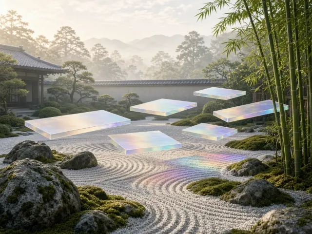 Suspended Frosted Glass Baffles in Kyoto Zen Gravel Garden