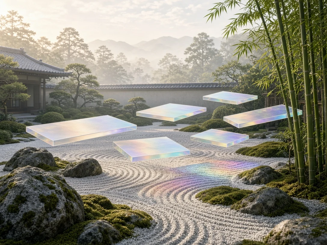 Suspended Frosted Glass Baffles in Kyoto Zen Gravel Garden