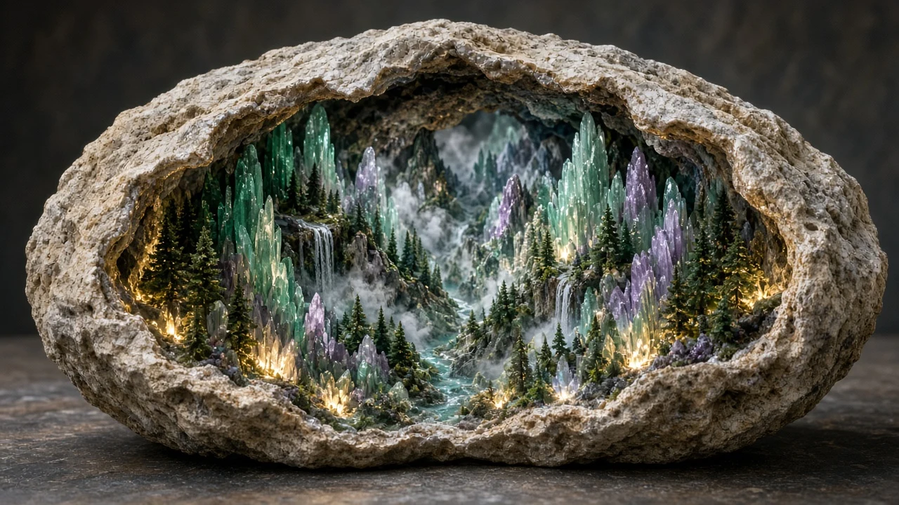 Cross-Section of Raw Emerald Geode Concealing a Miniature Pine Valley