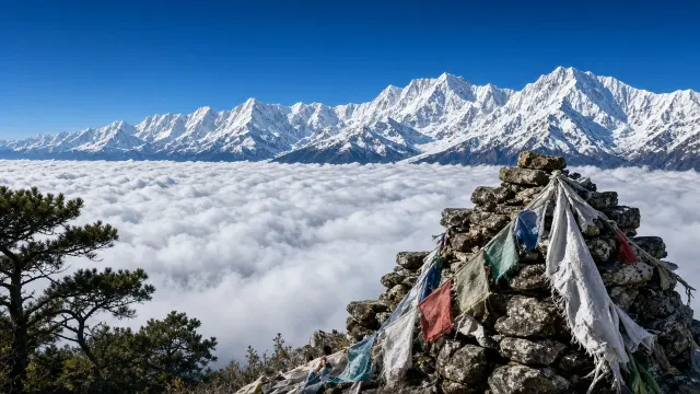 Bhutanese Himalayan Ridge with Weathered Stone Cairn