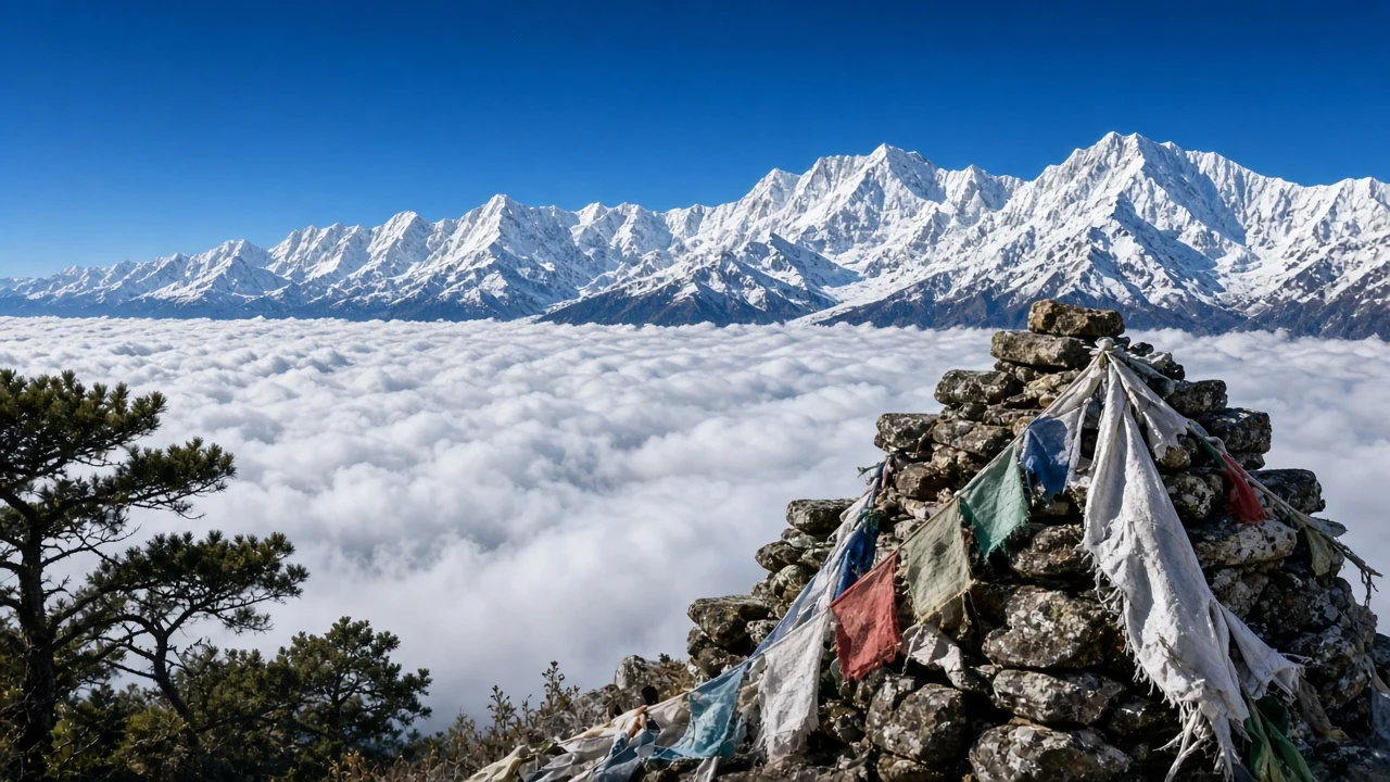 Bhutanese Himalayan Ridge with Weathered Stone Cairn