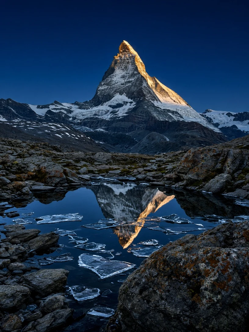 Alpine Solitude and Frozen Tarn Beneath the Matterhorn