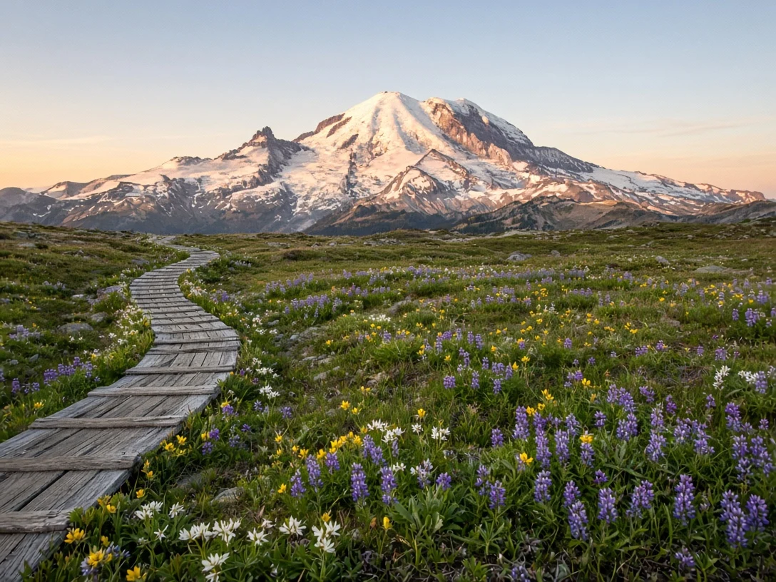 Plank Boardwalk Through Wildflower Tundra Toward Mount Rainier