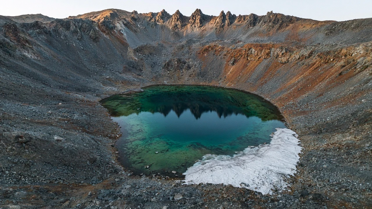 Aerial Angle on an Emerald Cirque Tarn and Scree Slopes