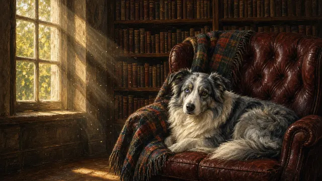 Blue Merle Border Collie Resting in an Antique Highland Library
