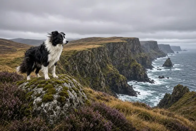 Windblown Border Collie on a Misty Scottish Cliffside
