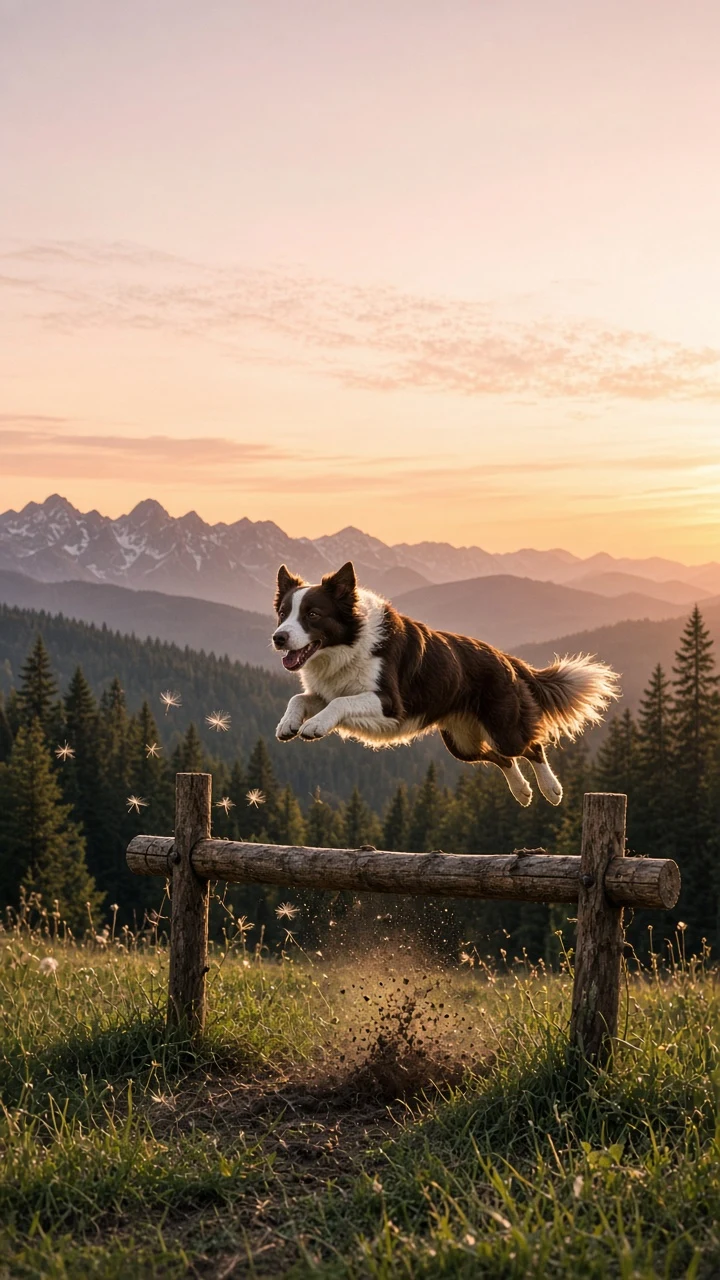 Mid-Air Golden Hour Agility Leap Across Mountain Meadow
