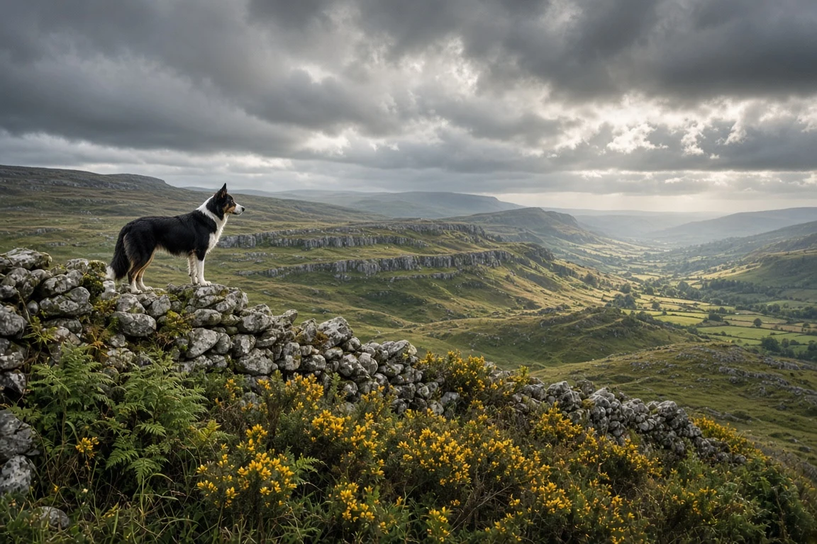 Smooth-Coated Working Collie on Yorkshire Drystone Wall