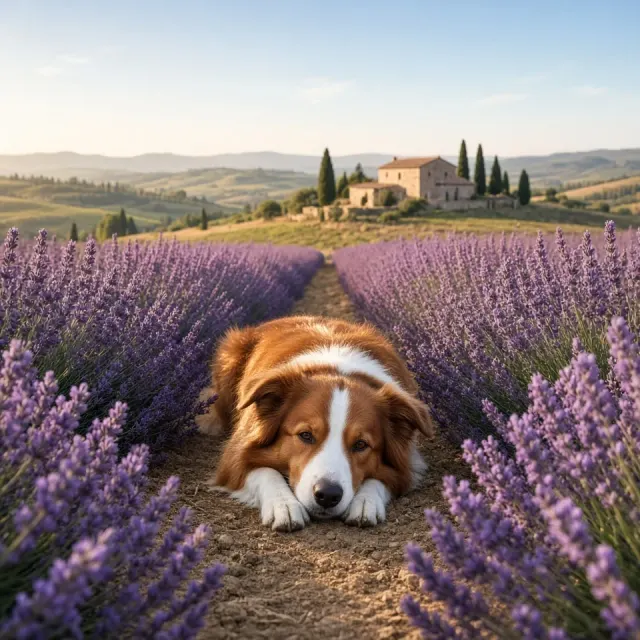 Peaceful Collie Resting Among Purple Provence Lavender Rows