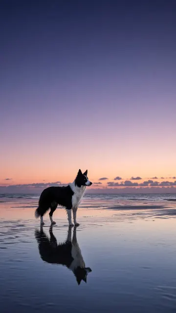 Twilight Reflection of a Lone Collie on Tidal Flats