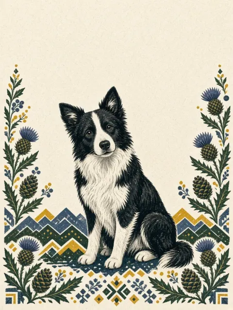Minimalist Folk-Art Gouache Print of Alert Highland Collie