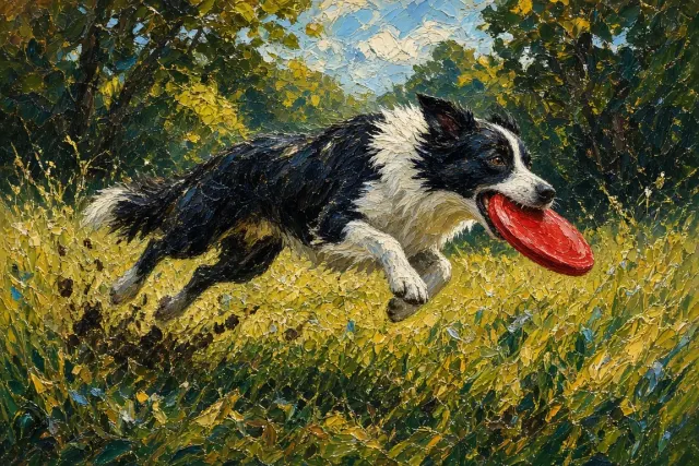 Impasto Oil Painting of Collie Catching Disc Mid-Air