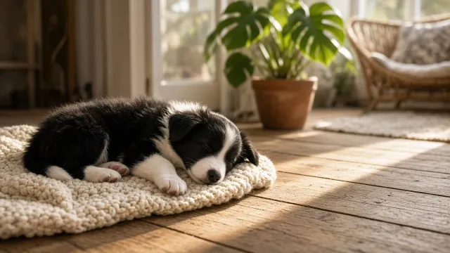 Border Collie Puppy Sleeping on Handwoven Wool in Sunroom