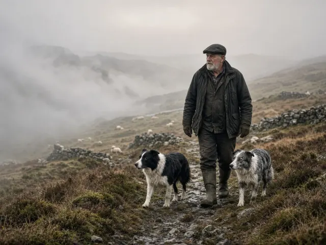 Welsh Shepherd and Duo of Border Collies on Misty Ridge