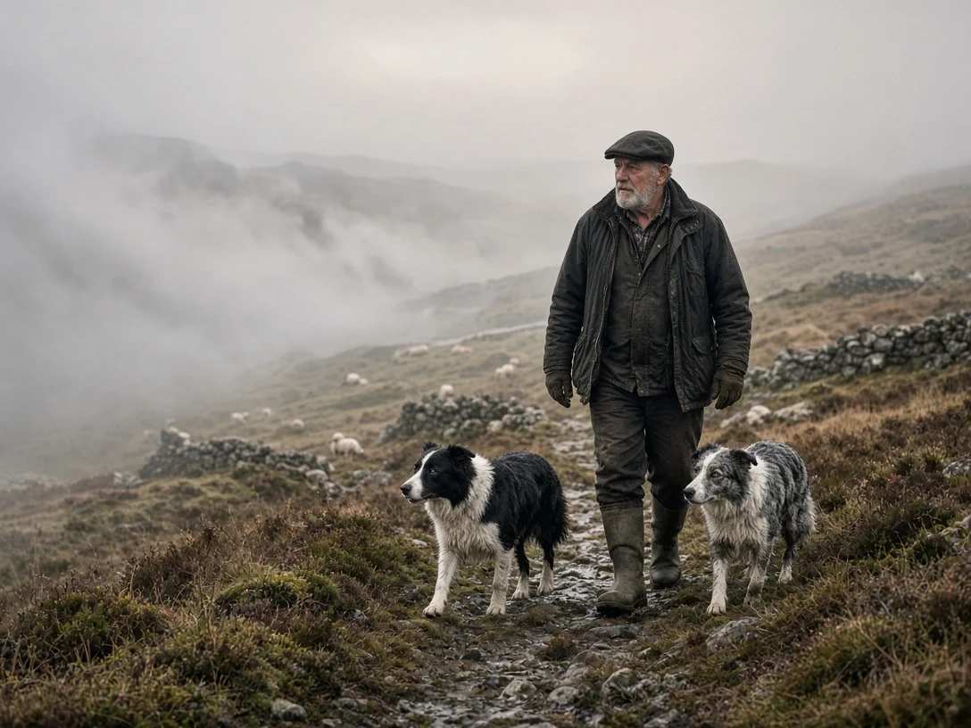 Welsh Shepherd and Duo of Border Collies on Misty Ridge