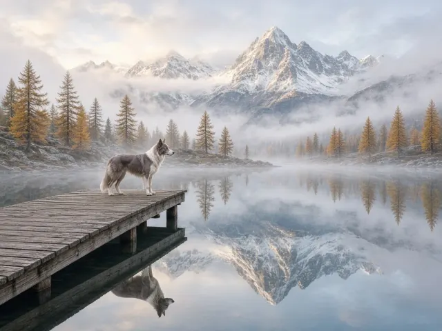 Reflective Alpine Lake Pier with Lilac Border Collie