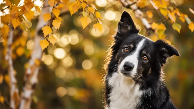 Inquisitive Head-Tilt Portrait Framed by Golden Birch Leaves