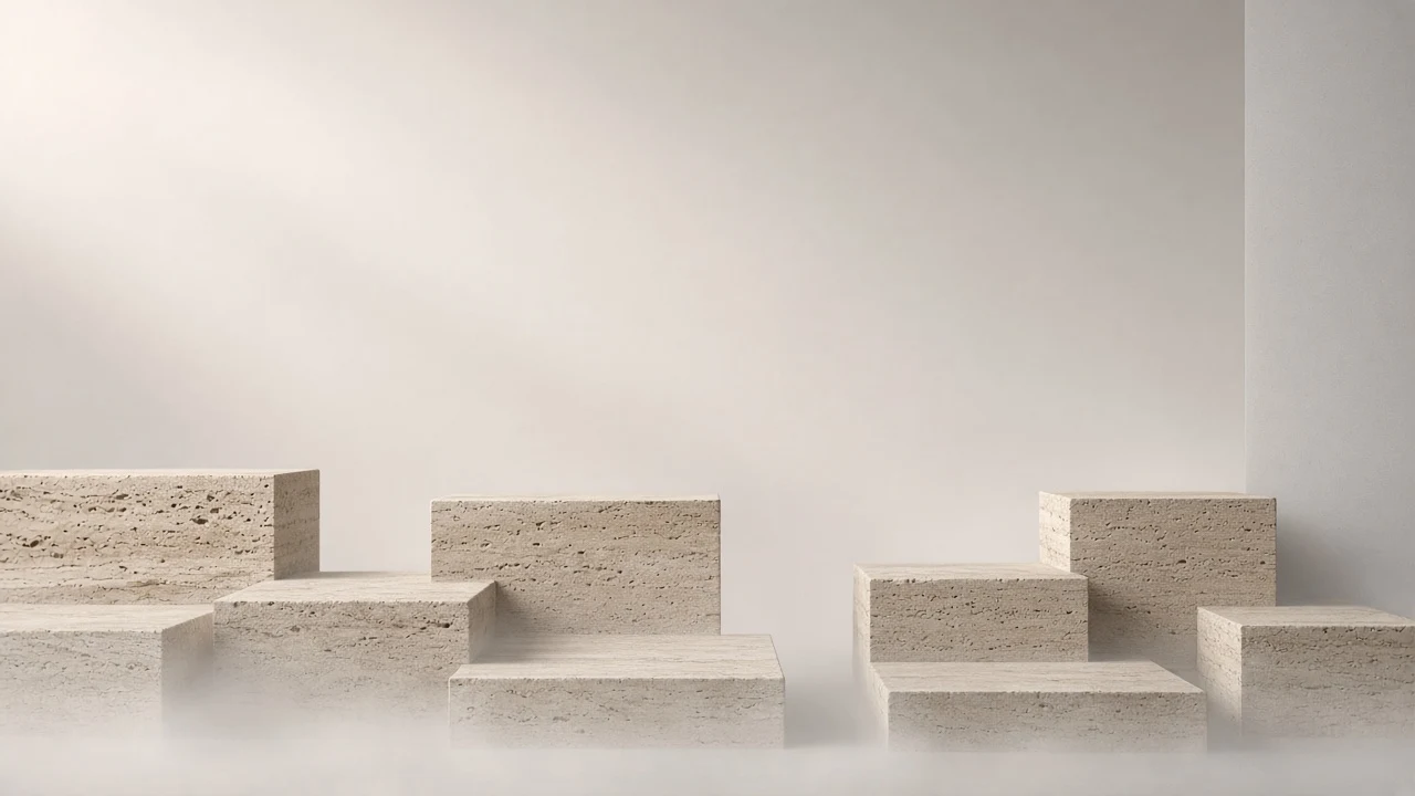 Monolithic Travertine and Micro-Cement Architectural Plinths in Mist
