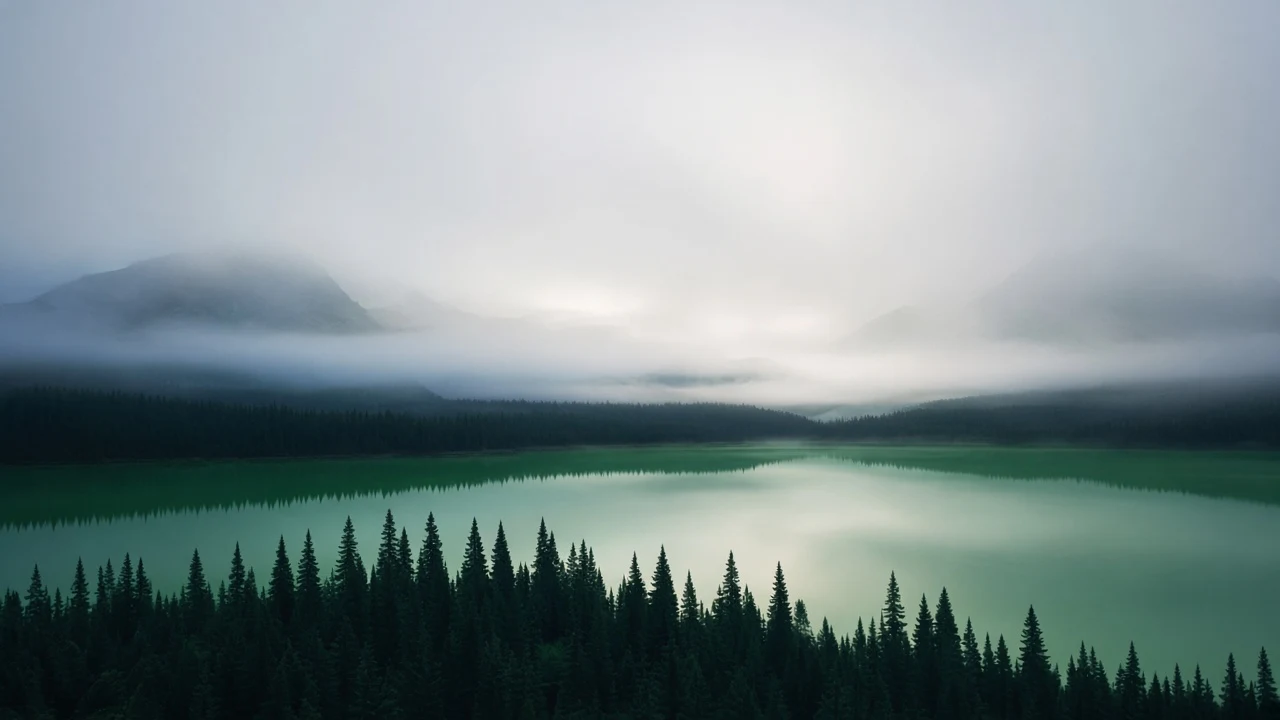 Distant Nordic Pine Forest Ridge Enveloped in Morning Lake Mist