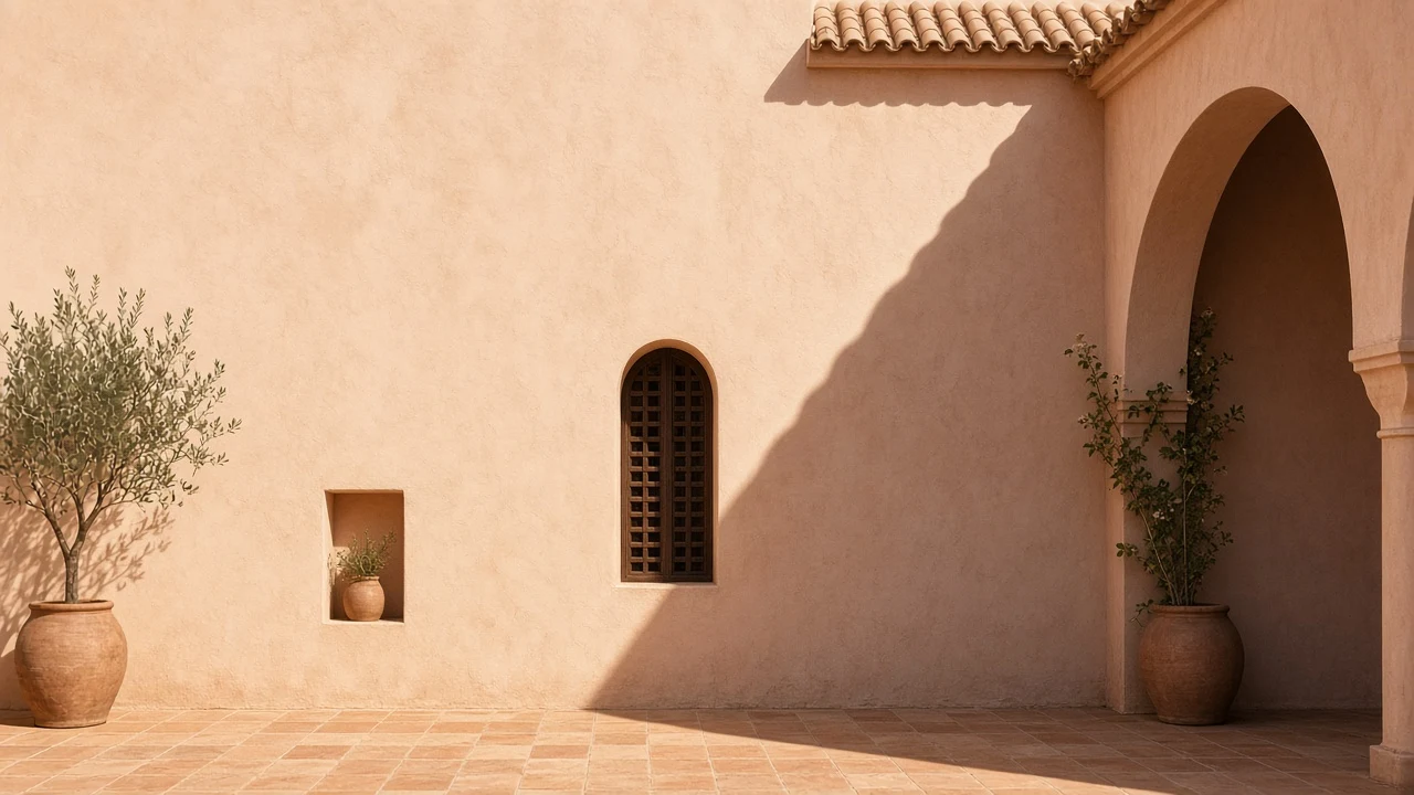 Sunlit Adobe Courtyard Wall with Soft Geometric Arch Shadow