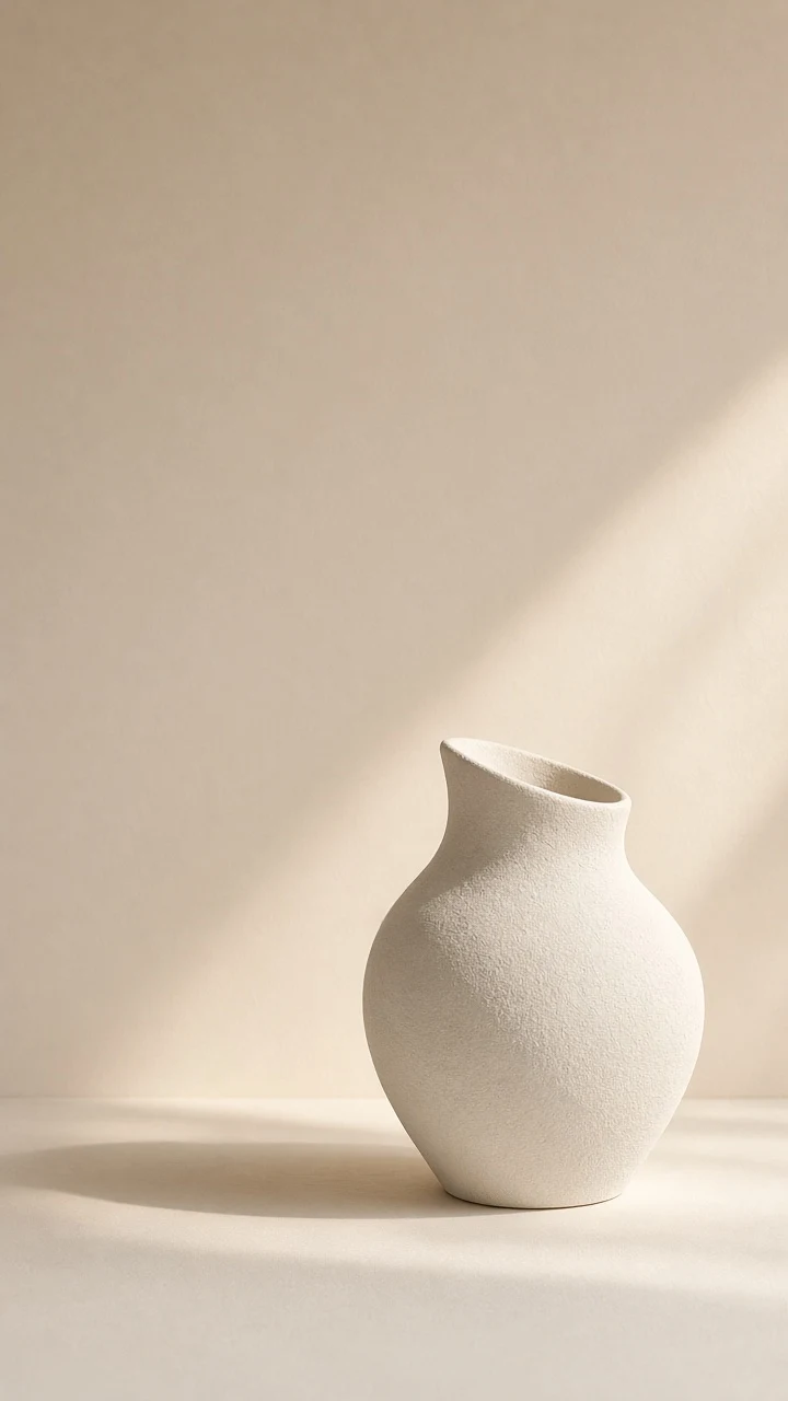 Matte White Ceramic Vessel Silhouette in Warm Raking Corner Light