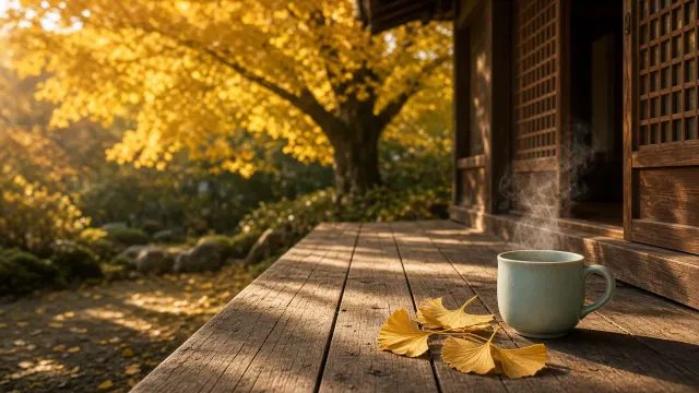 Sunlit Engawa Veranda Overlooking Golden Ginkgo Garden