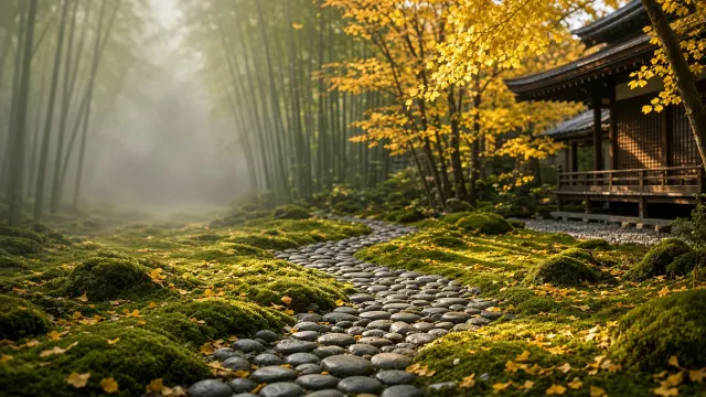 Zen Garden Stepping Stones Surrounded by Golden Leaves