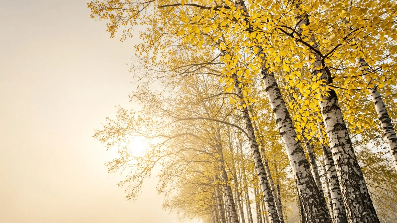 Vertical Canopy of Translucent Golden Birch in Autumn Breeze