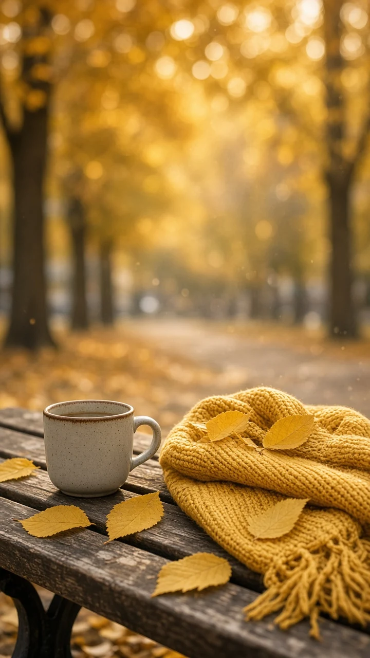 Park Bench with Steaming Latte and Fallen Elm Leaves